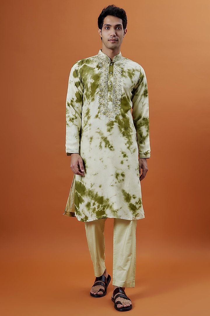 Green Mysore Silk Mirror Hand Embellished Tie-Dye Kurta Set by AANURAG DALMIA at Pernia's Pop Up Shop