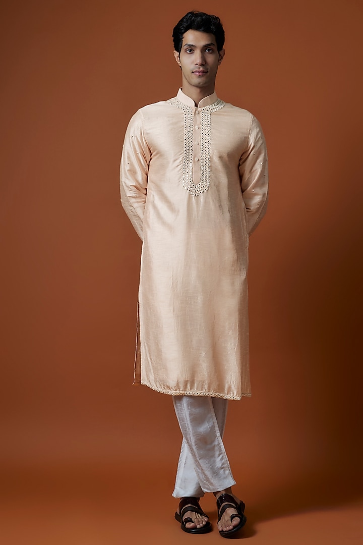 Peach Mysore Silk Mirror Work Kurta Set by AANURAG DALMIA at Pernia's Pop Up Shop