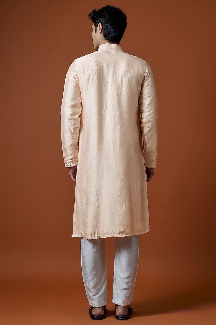 Peach Mysore Silk Mirror Work Kurta Set by AANURAG DALMIA at Pernia's Pop Up Shop