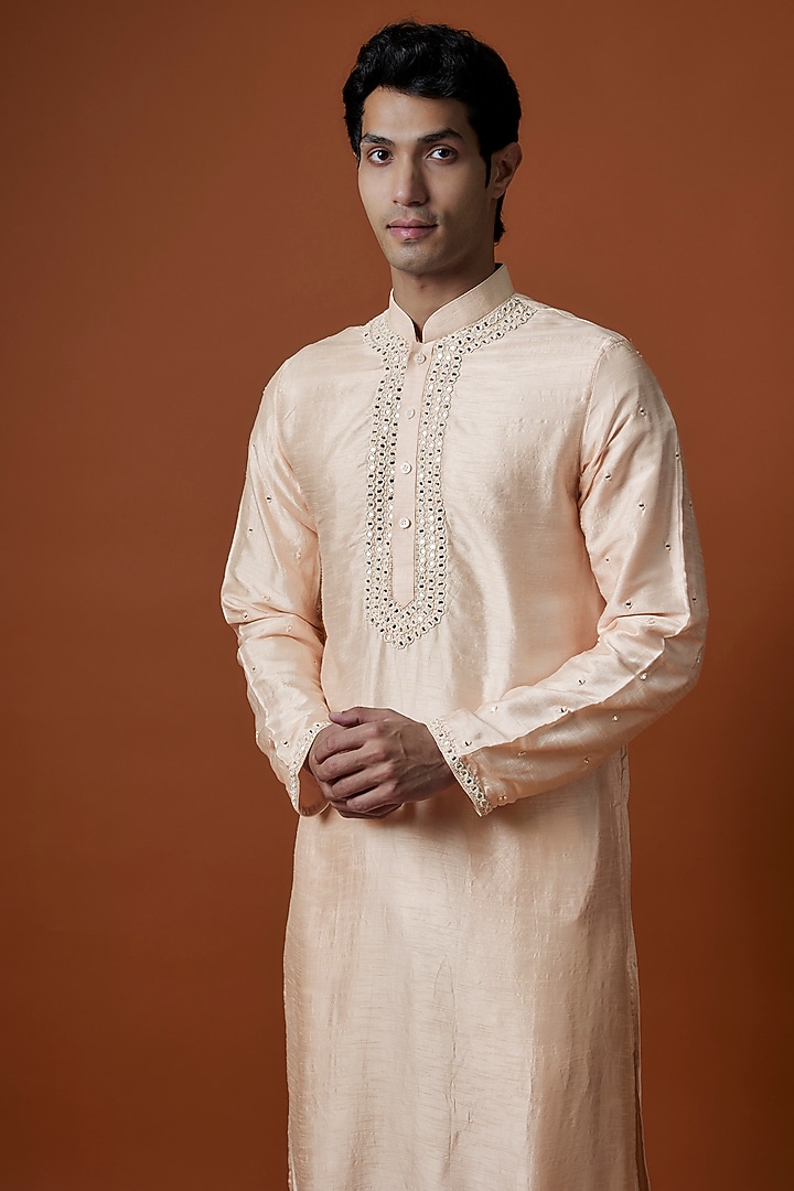 Peach Mysore Silk Mirror Work Kurta Set by AANURAG DALMIA at Pernia's Pop Up Shop