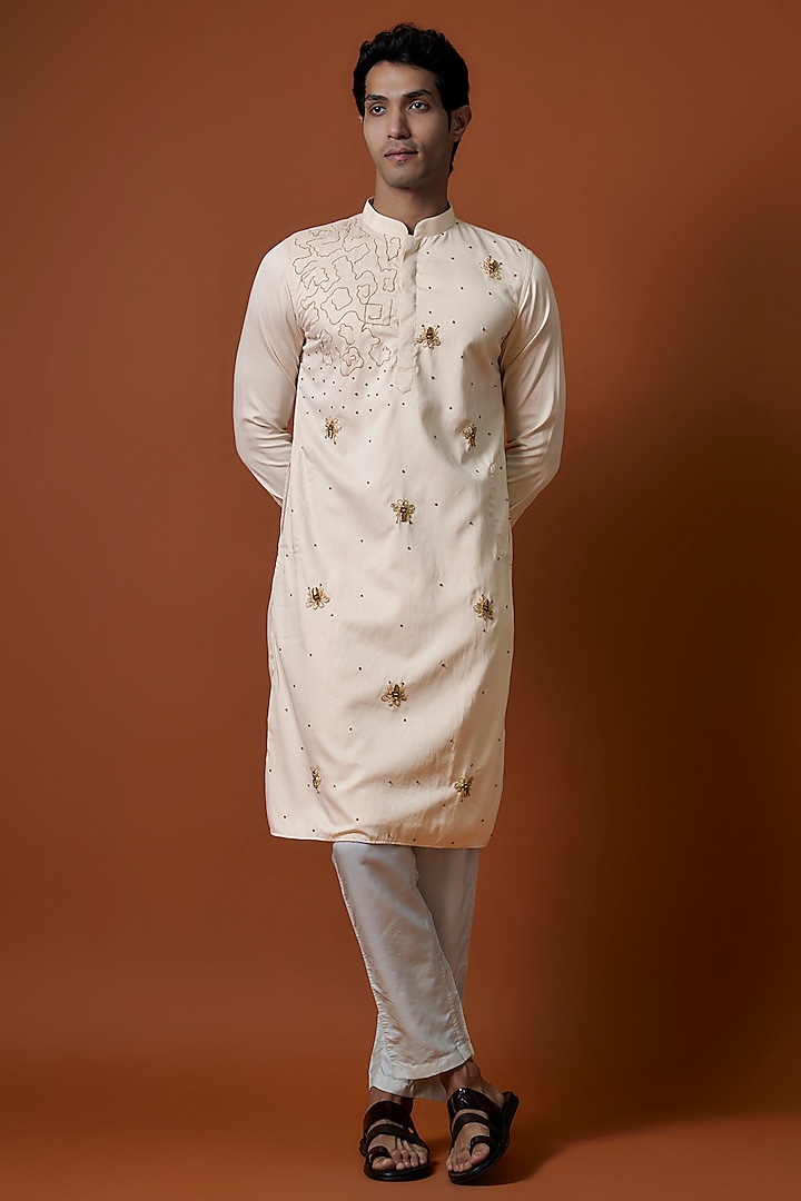 Beige Luxury Satin Motifs Hand Embellished Kurta Set by AANURAG DALMIA at Pernia's Pop Up Shop