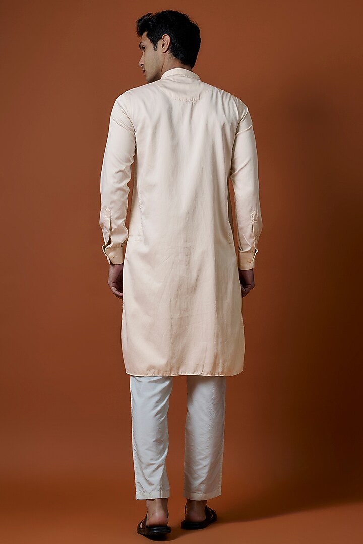 Beige Luxury Satin Motifs Hand Embellished Kurta Set by AANURAG DALMIA at Pernia's Pop Up Shop