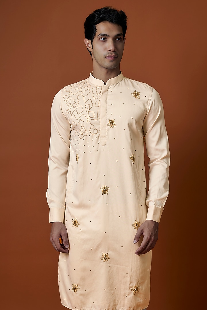 Beige Luxury Satin Motifs Hand Embellished Kurta Set by AANURAG DALMIA at Pernia's Pop Up Shop
