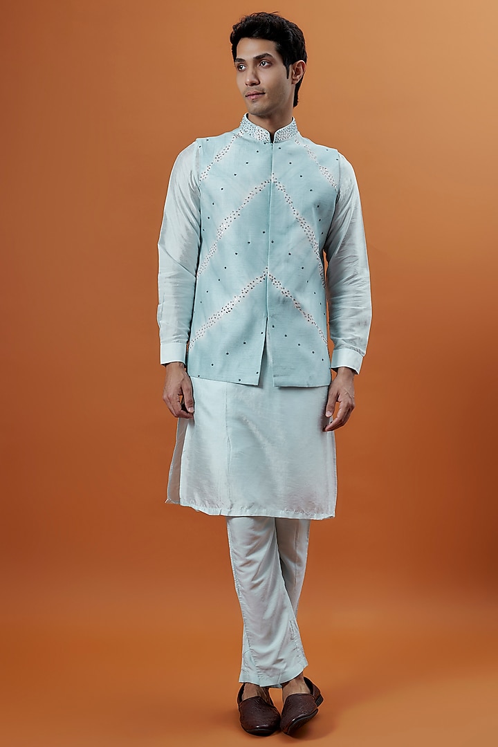 Powder Blue Bangalori Silk Hand Embellished Tie-Dye Bundi Jacket Set by AANURAG DALMIA at Pernia's Pop Up Shop