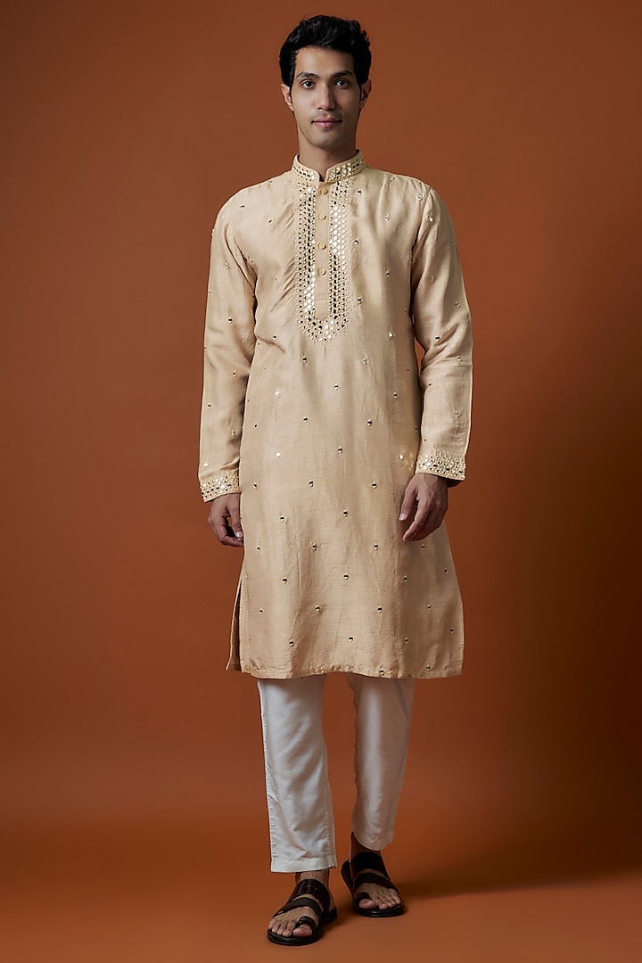 Beige Mysore Silk Mirror Hand Embellished Kurta Set by AANURAG DALMIA at Pernia's Pop Up Shop