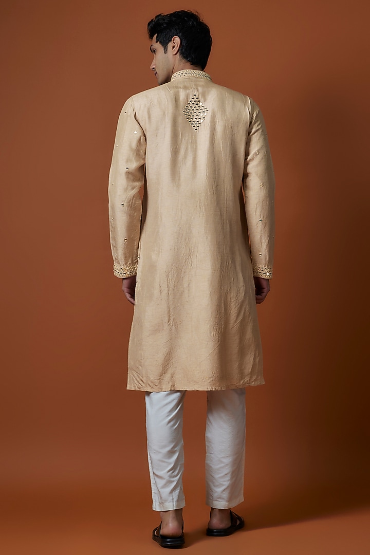 Beige Mysore Silk Mirror Hand Embellished Kurta Set by AANURAG DALMIA at Pernia's Pop Up Shop