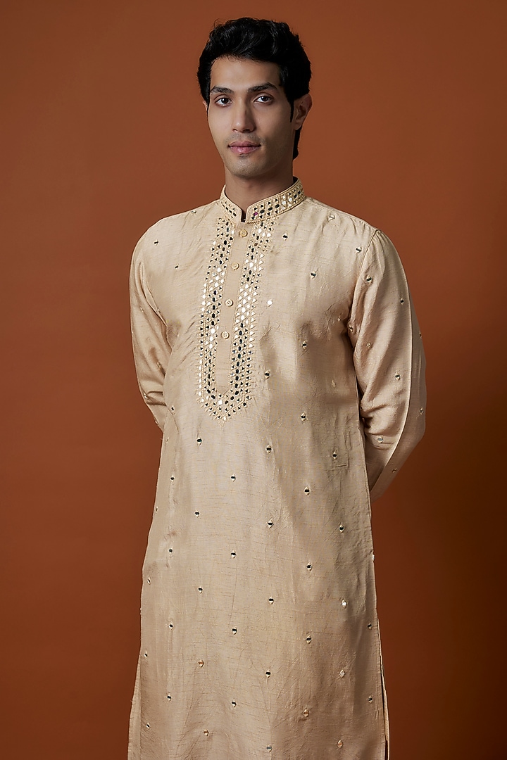 Beige Mysore Silk Mirror Hand Embellished Kurta Set by AANURAG DALMIA at Pernia's Pop Up Shop