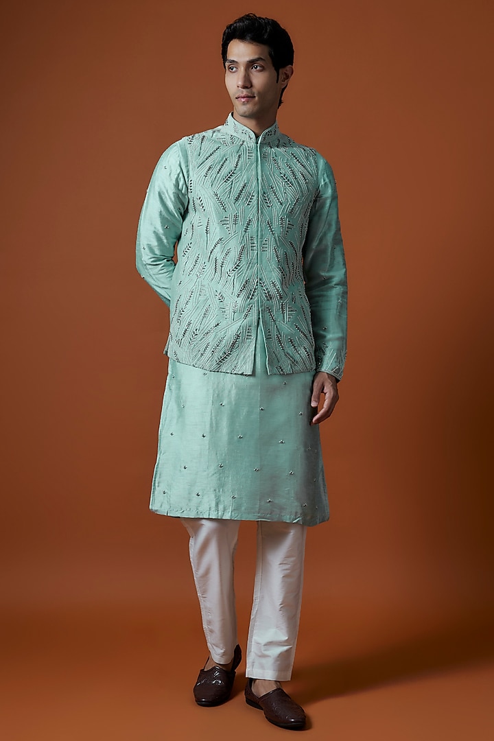 Sea Green Bangalori Silk Floral Motifs Hand Embellished Bundi Jacket Set by AANURAG DALMIA at Pernia's Pop Up Shop