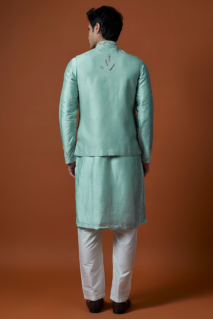 Sea Green Bangalori Silk Floral Motifs Hand Embellished Bundi Jacket Set by AANURAG DALMIA at Pernia's Pop Up Shop