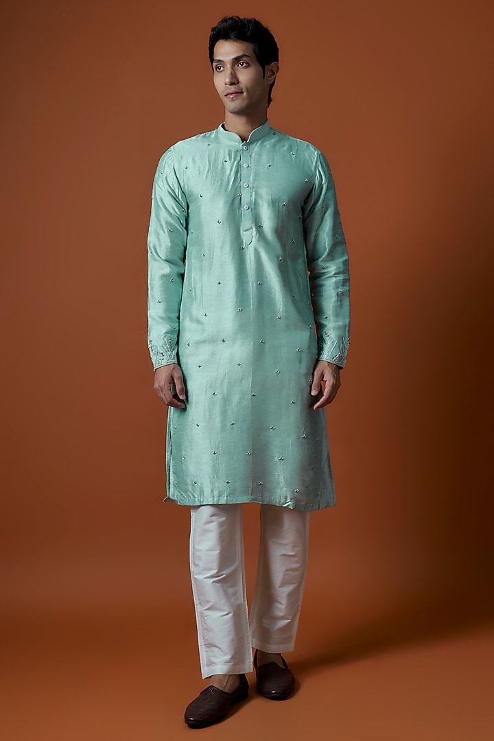 Sea Green Bangalori Silk Floral Motifs Hand Embellished Bundi Jacket Set by AANURAG DALMIA at Pernia's Pop Up Shop