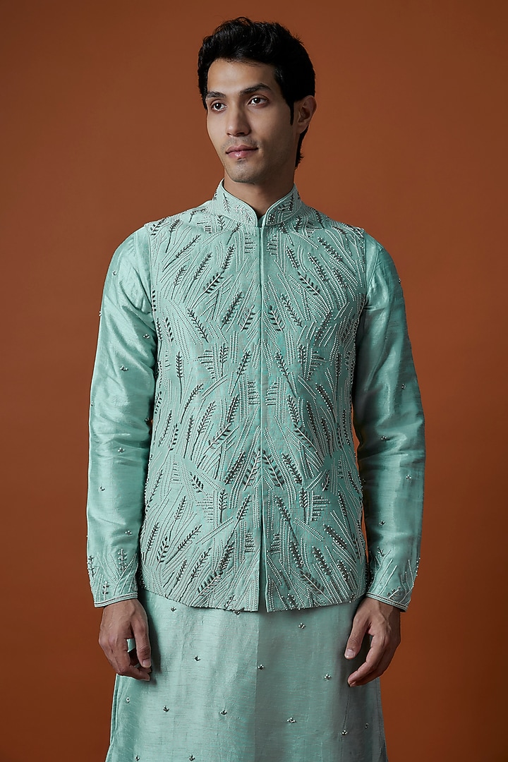 Sea Green Bangalori Silk Floral Motifs Hand Embellished Bundi Jacket Set by AANURAG DALMIA at Pernia's Pop Up Shop