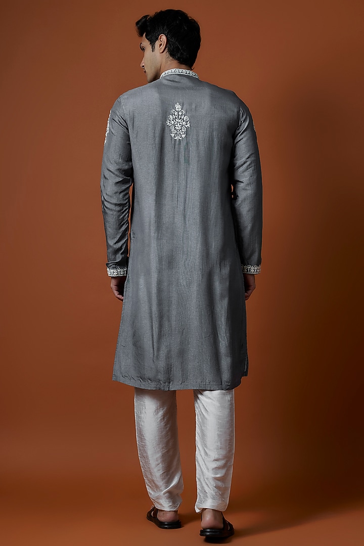Grey Mysore Silk Hand Embroidered Kurta Set by AANURAG DALMIA at Pernia's Pop Up Shop