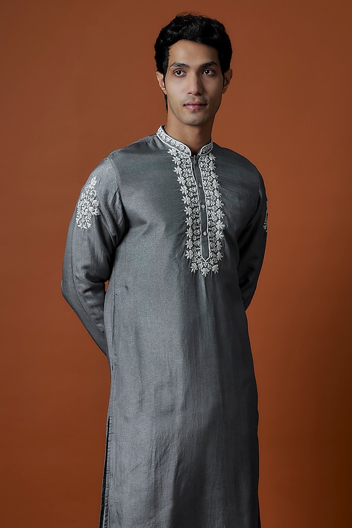 Grey Mysore Silk Hand Embroidered Kurta Set by AANURAG DALMIA at Pernia's Pop Up Shop
