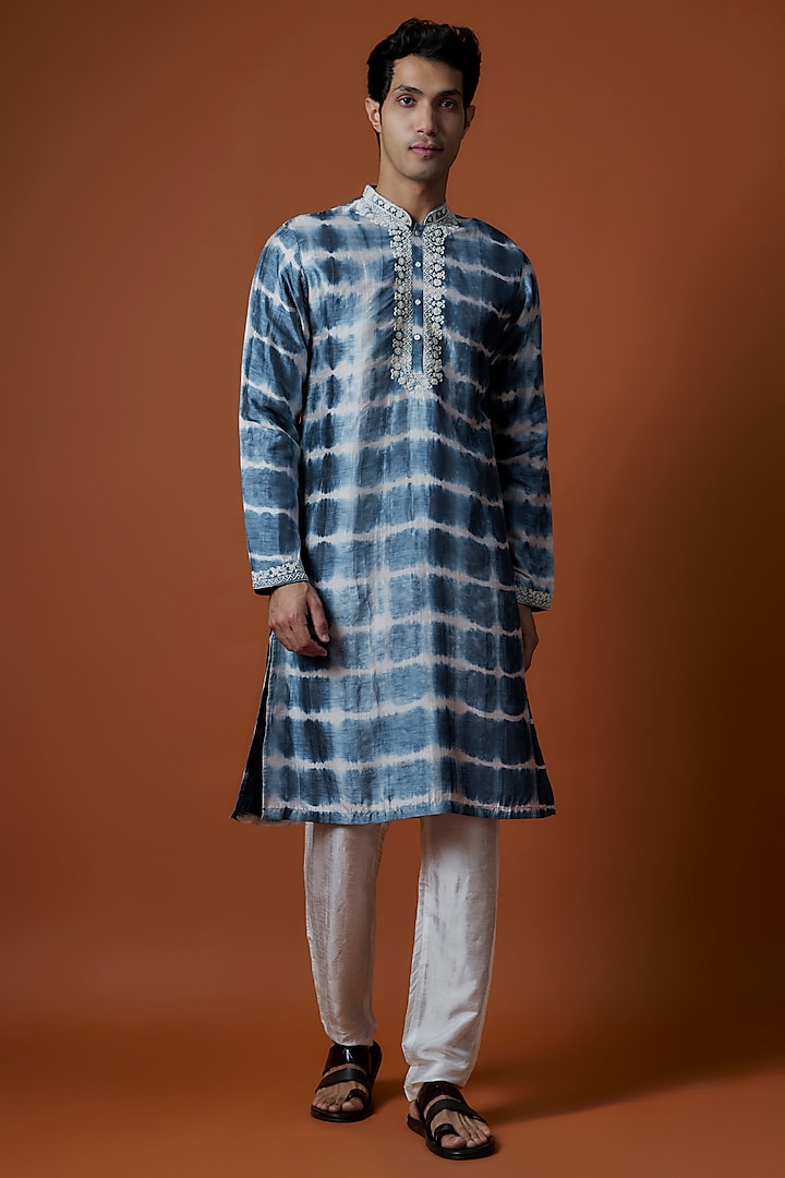 Blue Mysore Silk Hand Embroidered Tie-Dye Kurta Set by AANURAG DALMIA at Pernia's Pop Up Shop