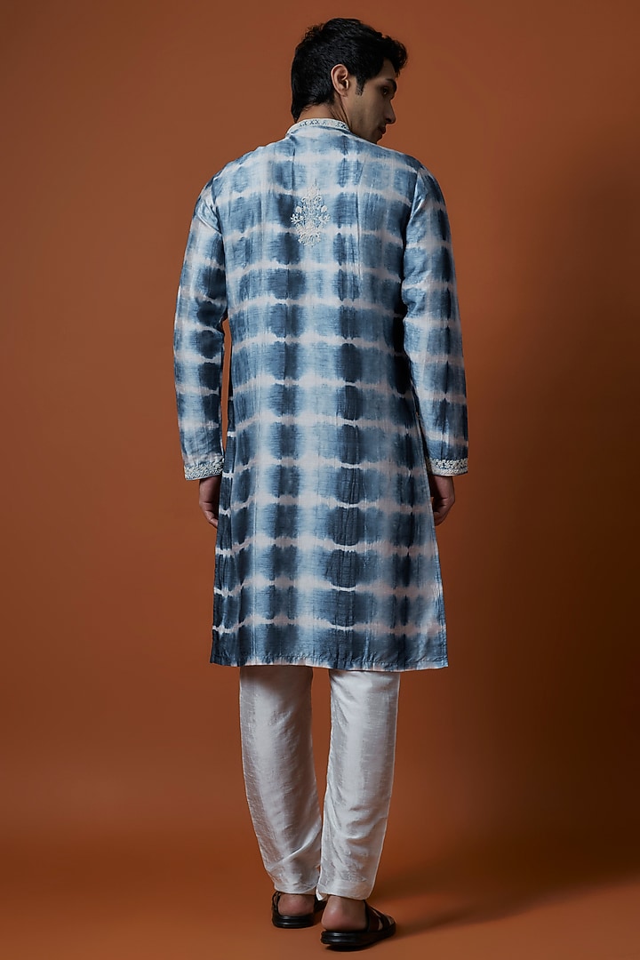 Blue Mysore Silk Hand Embroidered Tie-Dye Kurta Set by AANURAG DALMIA at Pernia's Pop Up Shop