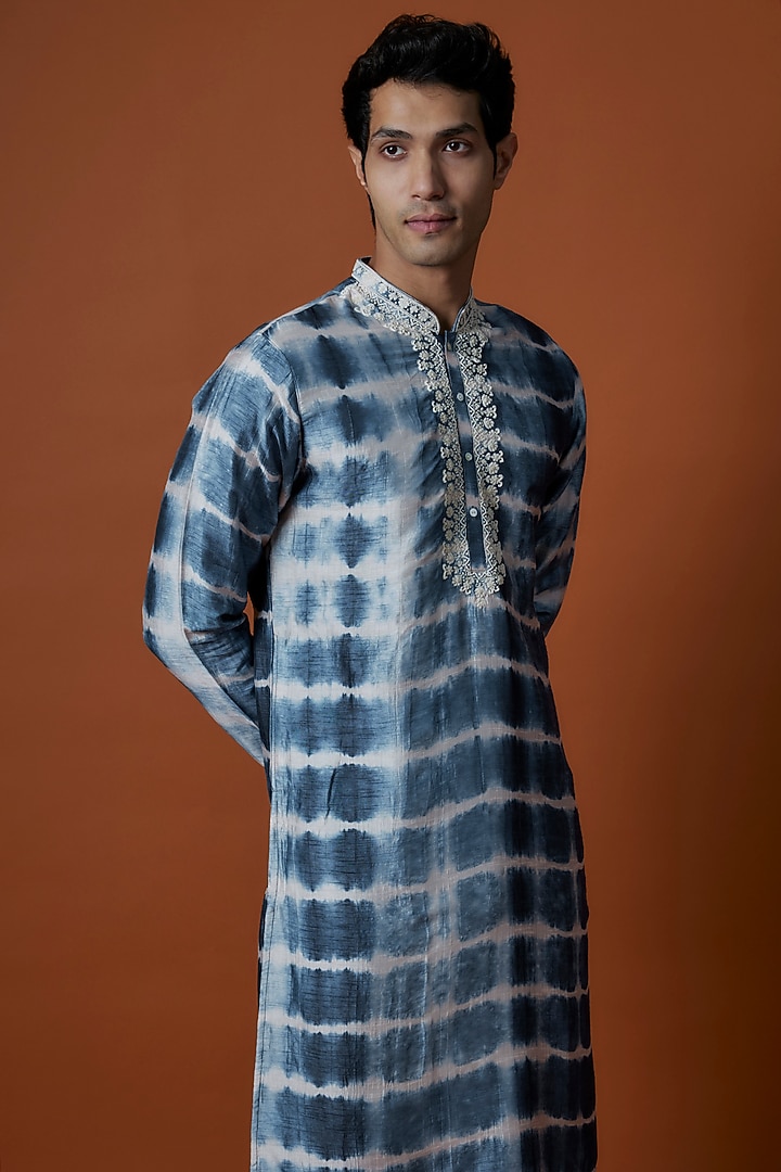 Blue Mysore Silk Hand Embroidered Tie-Dye Kurta Set by AANURAG DALMIA at Pernia's Pop Up Shop