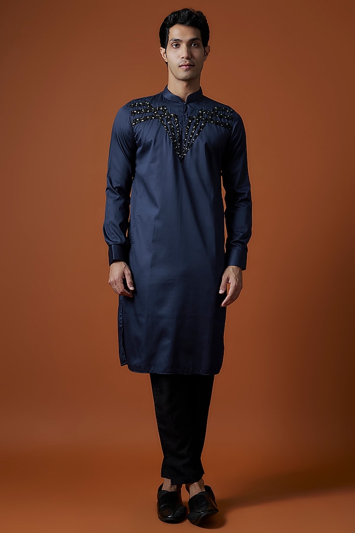 Blue Luxury Satin Motif Hand Embellished Kurta Set by AANURAG DALMIA at Pernia's Pop Up Shop