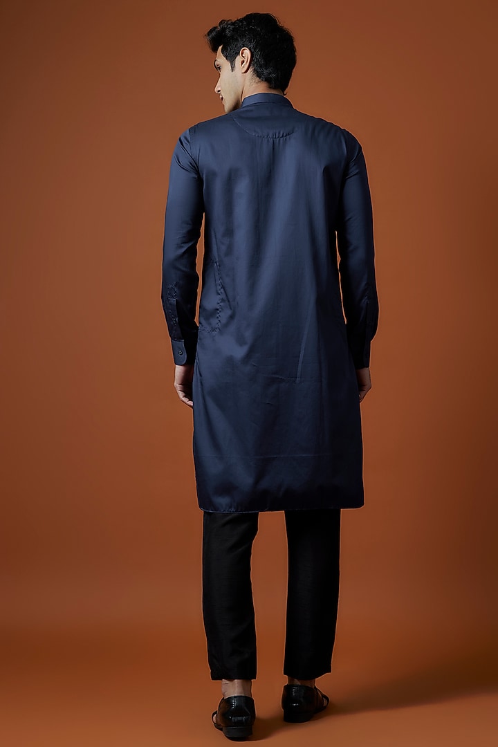 Blue Luxury Satin Motif Hand Embellished Kurta Set by AANURAG DALMIA at Pernia's Pop Up Shop