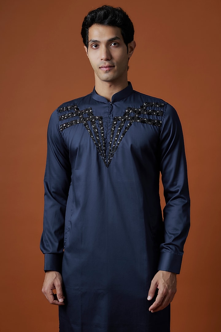 Blue Luxury Satin Motif Hand Embellished Kurta Set by AANURAG DALMIA at Pernia's Pop Up Shop