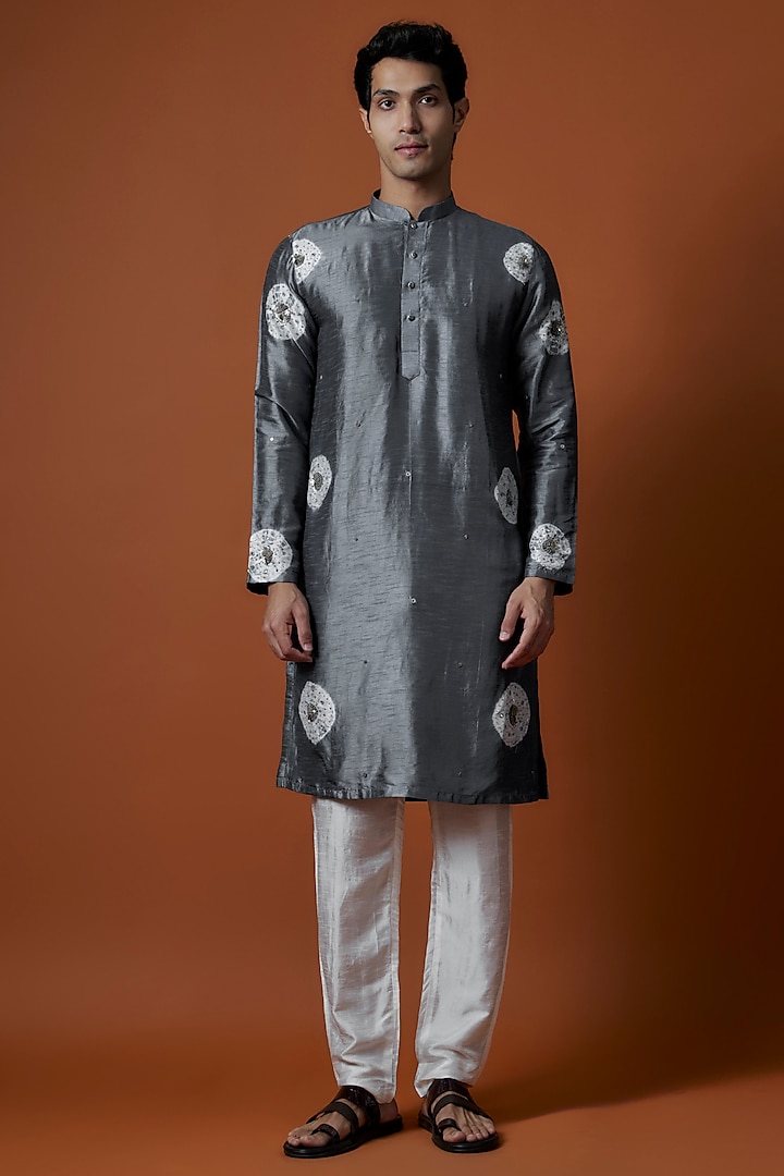 Grey Raw Silk Hand Embellished Tie-Dye Kurta Set by AANURAG DALMIA at Pernia's Pop Up Shop