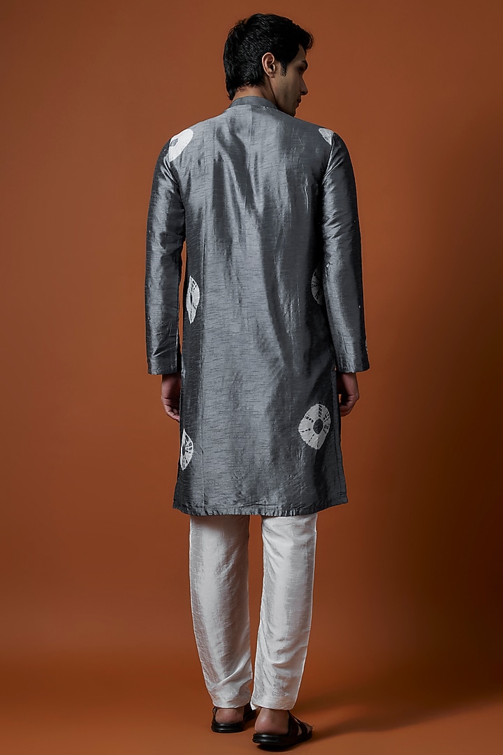 Grey Raw Silk Hand Embellished Tie-Dye Kurta Set by AANURAG DALMIA at Pernia's Pop Up Shop