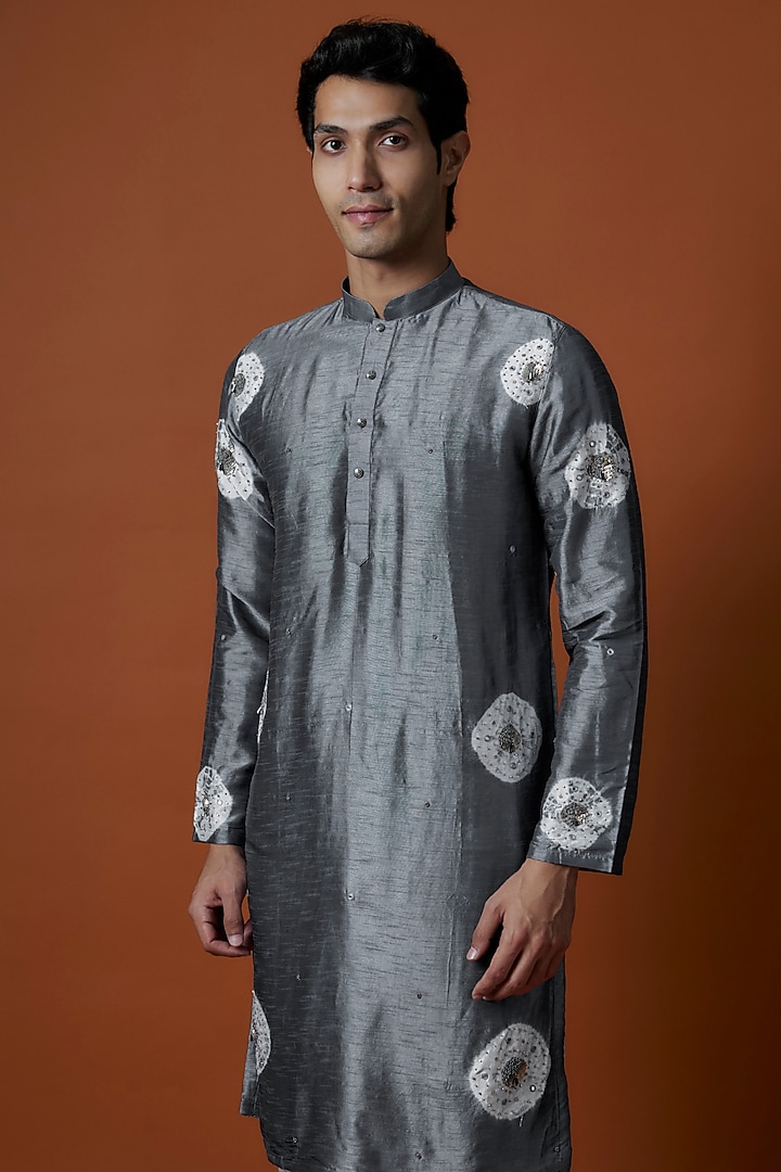 Grey Raw Silk Hand Embellished Tie-Dye Kurta Set by AANURAG DALMIA at Pernia's Pop Up Shop