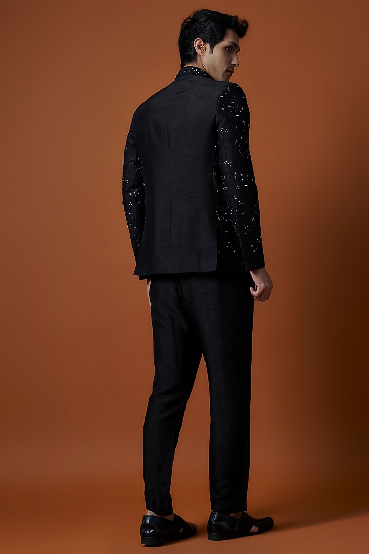 Black Banglori Silk Motif Hand Embellished Wedding Bandhgala Set by AANURAG DALMIA at Pernia's Pop Up Shop