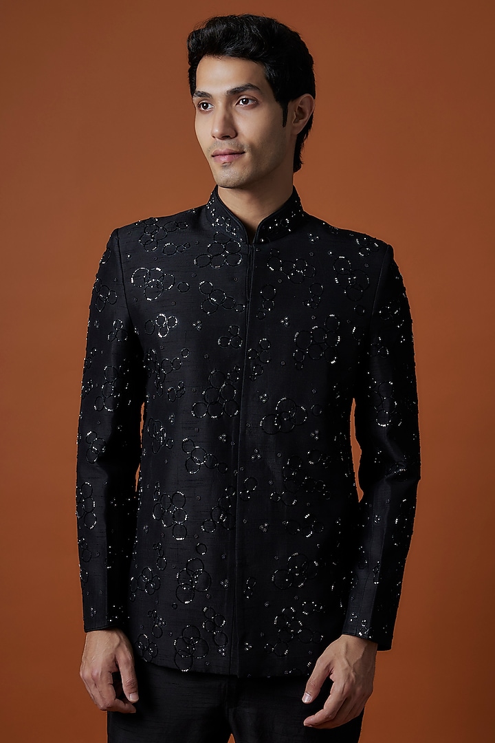 Black Banglori Silk Motif Hand Embellished Wedding Bandhgala Set by AANURAG DALMIA at Pernia's Pop Up Shop