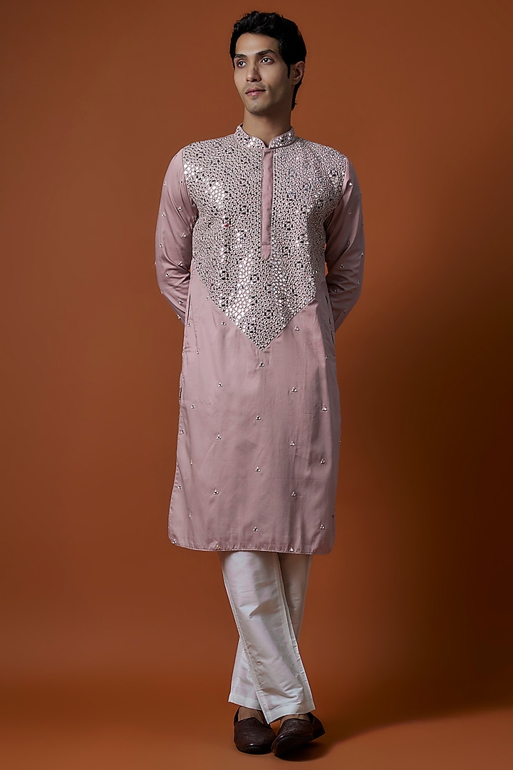 Millennial Pink Luxury Satin Mirror Work Kurta Set by AANURAG DALMIA at Pernia's Pop Up Shop