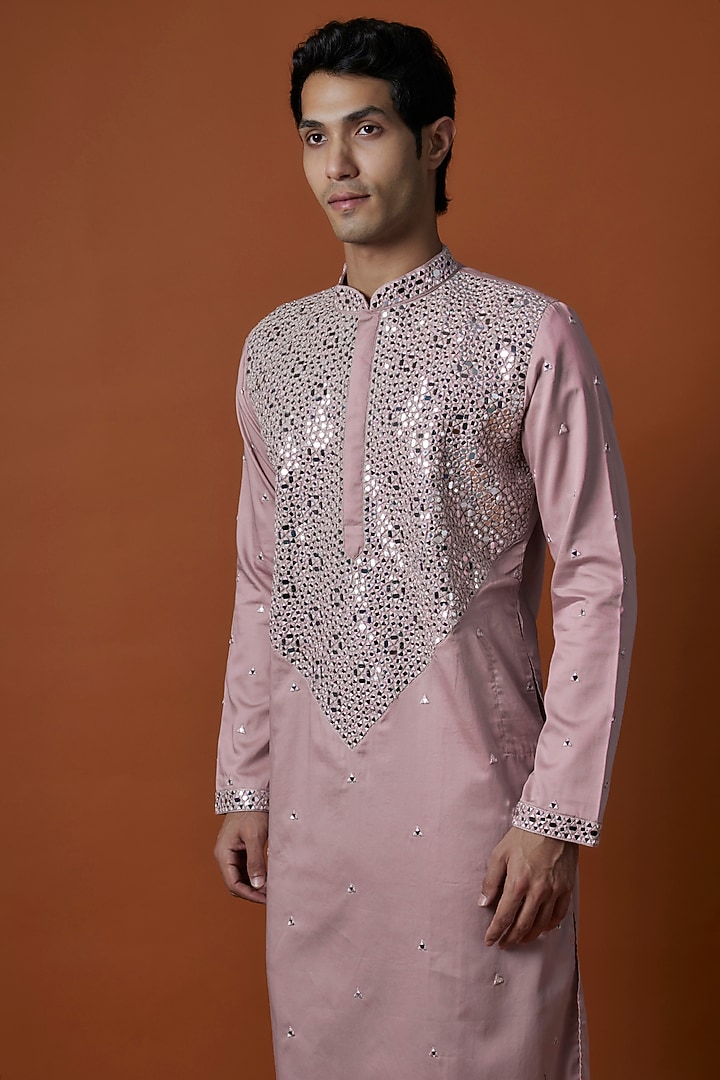 Millennial Pink Luxury Satin Mirror Work Kurta Set by AANURAG DALMIA at Pernia's Pop Up Shop