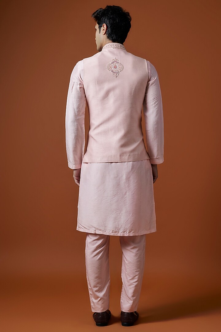 Pink Bangalori Silk Floral Motifs Hand Embellished Bundi Jacket Set by AANURAG DALMIA at Pernia's Pop Up Shop