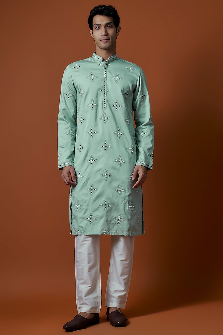 Mint Green Luxury Satin Mirror Work Kurta Set by AANURAG DALMIA