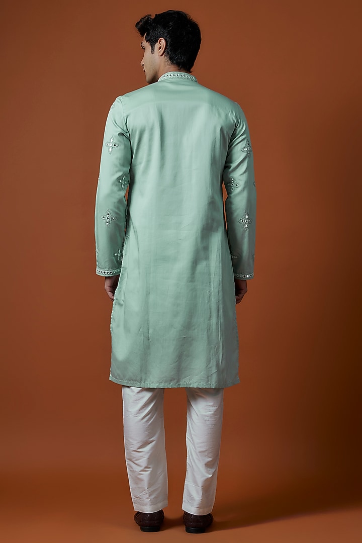 Mint Green Luxury Satin Mirror Work Kurta Set by AANURAG DALMIA at Pernia's Pop Up Shop