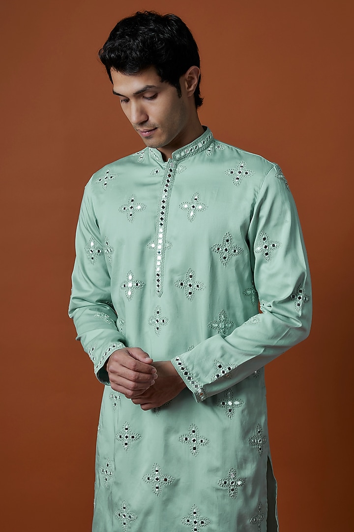 Mint Green Luxury Satin Mirror Work Kurta Set by AANURAG DALMIA at Pernia's Pop Up Shop