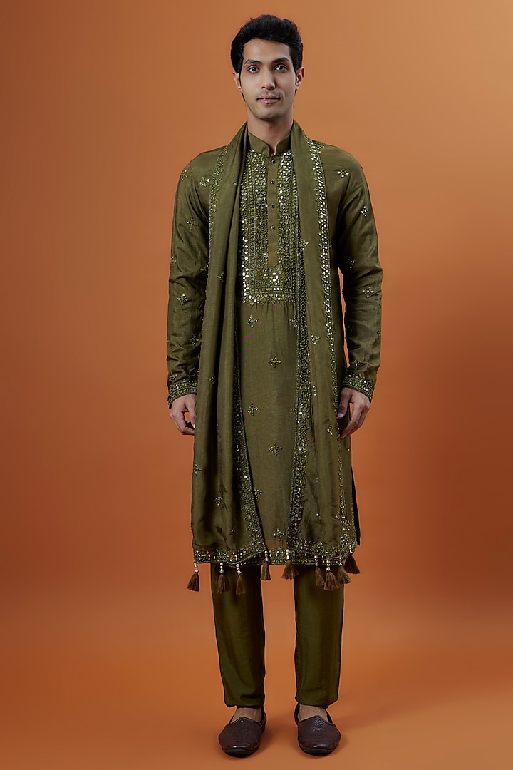 Forest Green Mysore Silk Mirror Work Kurta Set by AANURAG DALMIA