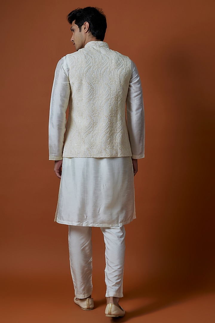 Ivory Georgette Hand Embellished Bundi Jacket Set by AANURAG DALMIA at Pernia's Pop Up Shop