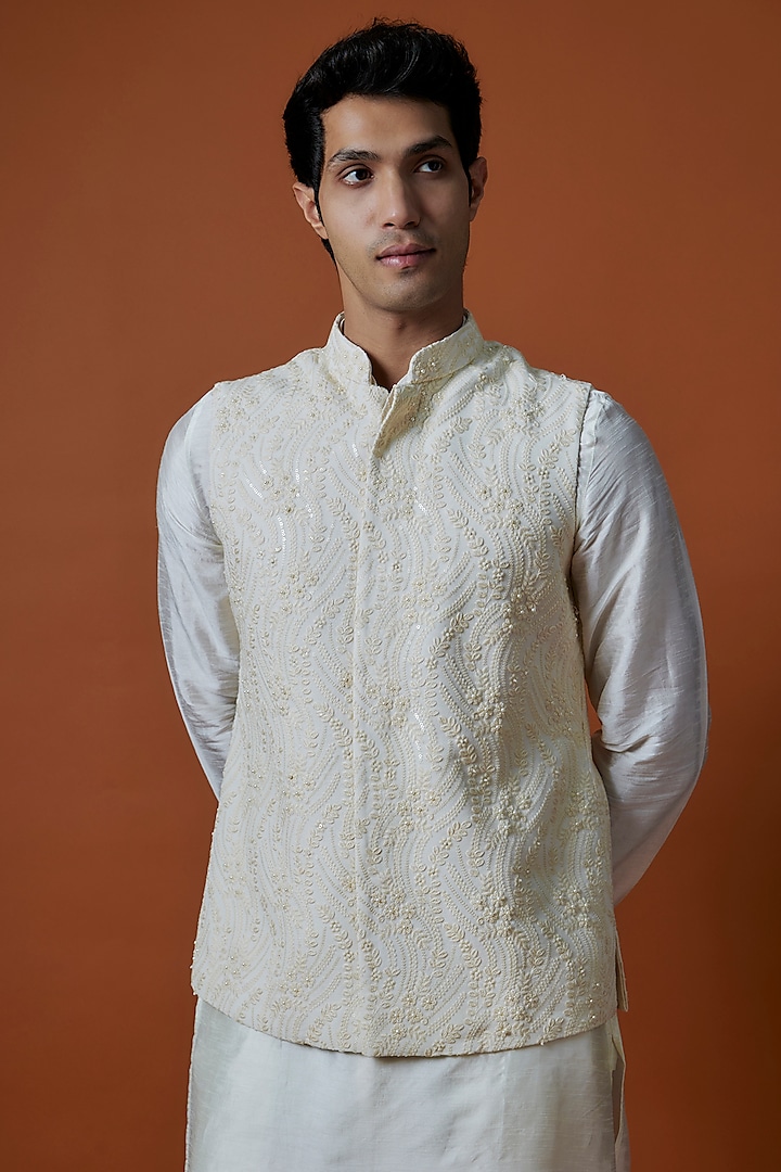 Ivory Georgette Hand Embellished Bundi Jacket Set by AANURAG DALMIA at Pernia's Pop Up Shop