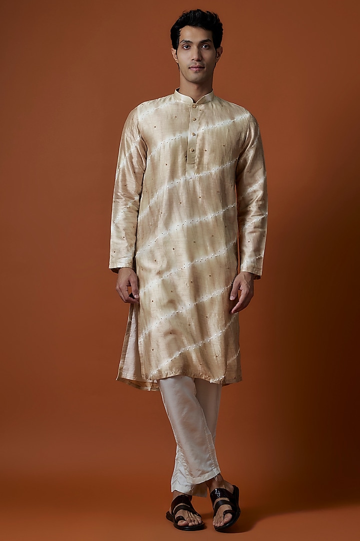 Brown Raw Silk Hand Embellished Tie-Dye Kurta Set by AANURAG DALMIA