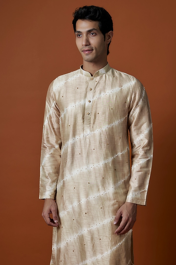 Brown Raw Silk Hand Embellished Tie-Dye Kurta Set by AANURAG DALMIA at Pernia's Pop Up Shop