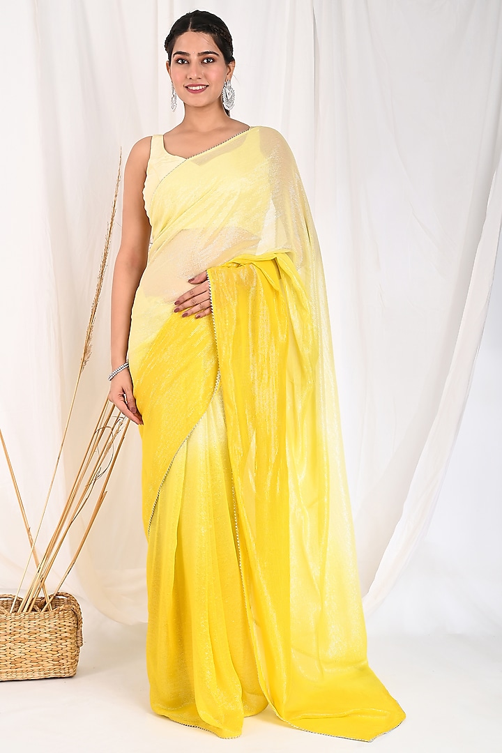 Yellow Ombre Georgette Saree Set by Anuki