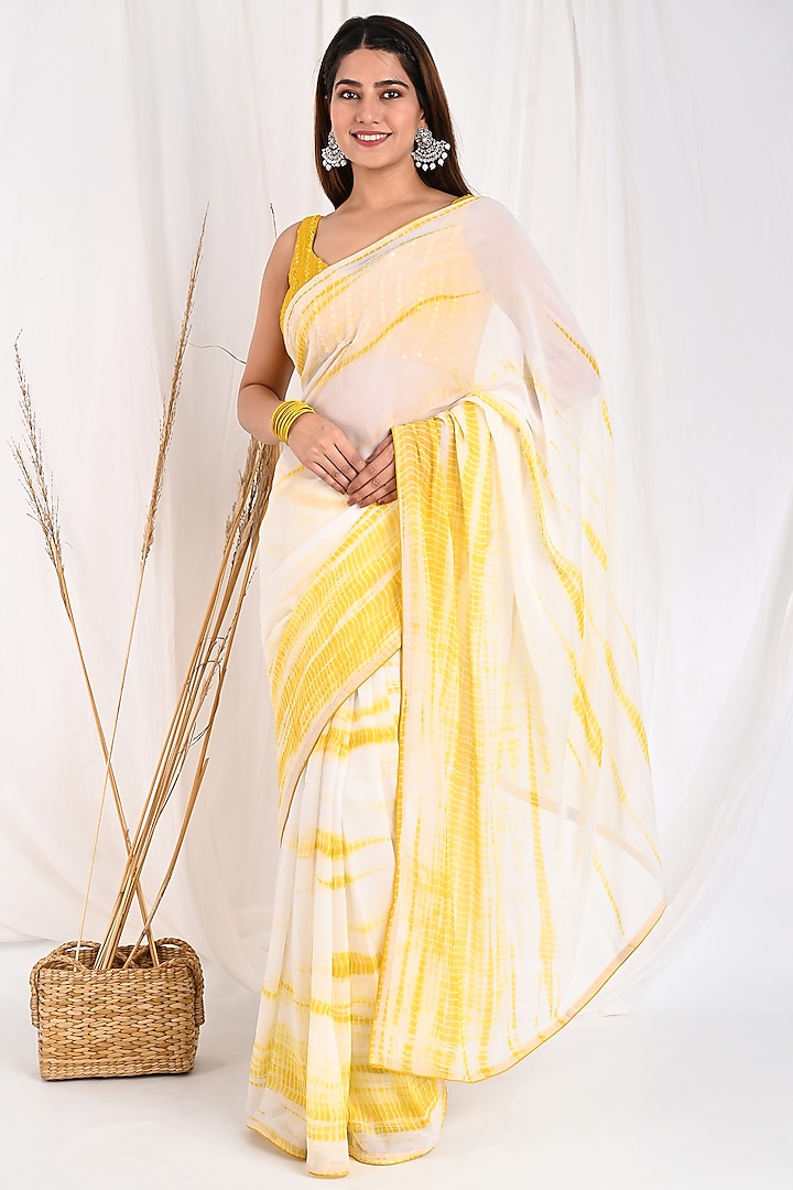 Yellow Georgette Shibori Saree Set by Anuki at Pernia's Pop Up Shop