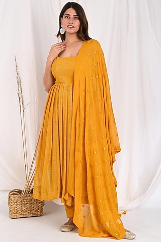 Mustard Yellow Georgette Anarkali Set by Anuki
