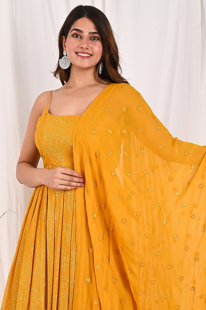 Mustard Yellow Georgette Anarkali Set by Anuki at Pernia's Pop Up Shop