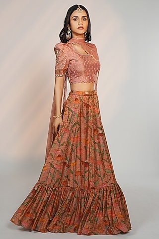 Rust Peach Chanderi Silk Kalamkari Printed Lehenga Set by Anu Pellakuru