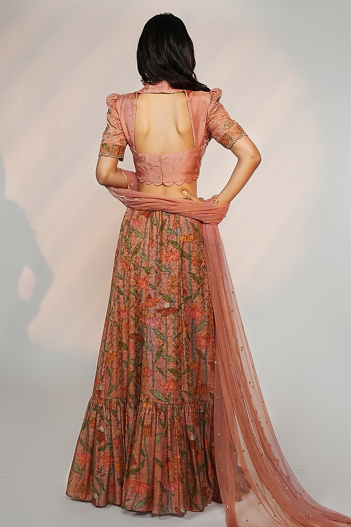 Rust Peach Chanderi Silk Kalamkari Printed Wedding Lehenga Set by Anu Pellakuru at Pernia's Pop Up Shop