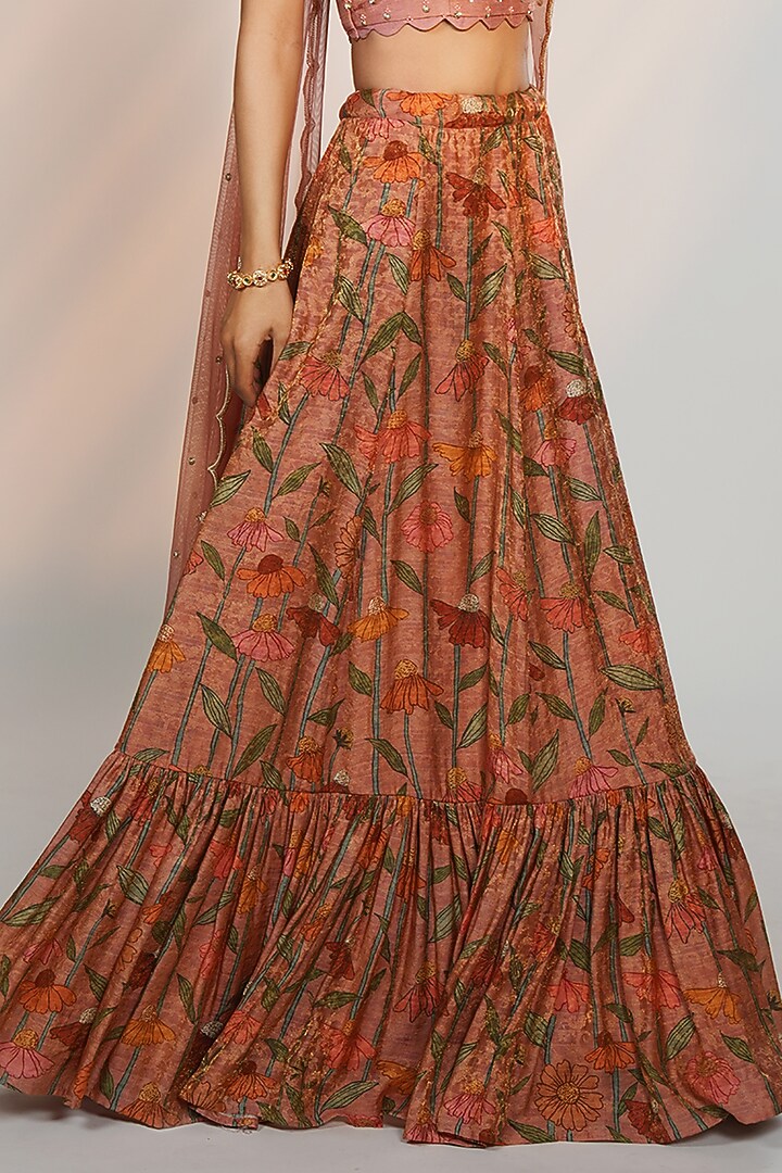 Rust Peach Chanderi Silk Kalamkari Printed Wedding Lehenga Set by Anu Pellakuru at Pernia's Pop Up Shop