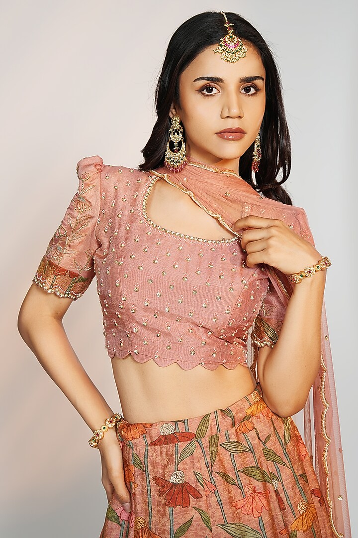 Rust Peach Chanderi Silk Kalamkari Printed Wedding Lehenga Set by Anu Pellakuru at Pernia's Pop Up Shop