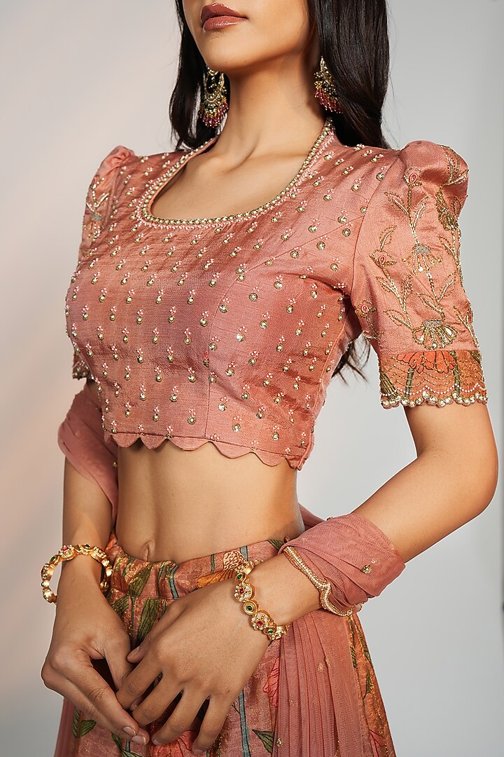 Rust Peach Chanderi Silk Kalamkari Printed Wedding Lehenga Set by Anu Pellakuru at Pernia's Pop Up Shop