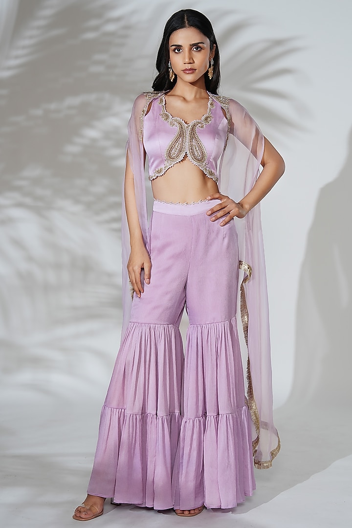 Lilac Satin Chiffon Sharara Set by Anu Pellakuru at Pernia's Pop Up Shop