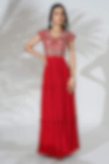 Red Raw Silk & Chinon Chiffon Hand Embroidered Gathered Engagement Gown by Anu Pellakuru at Pernia's Pop Up Shop